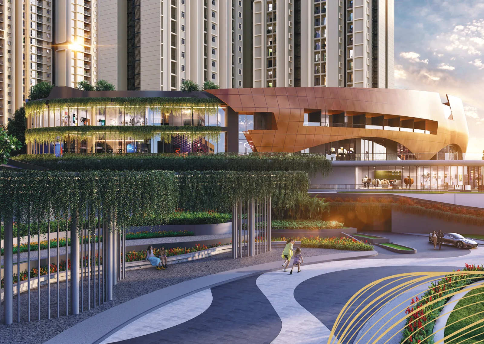 Grand clubhouse with landscaped terraces and greenery at Purva Northern Lights